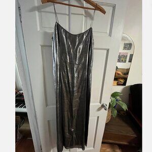 silver semi sheer long slip dress metalic statement